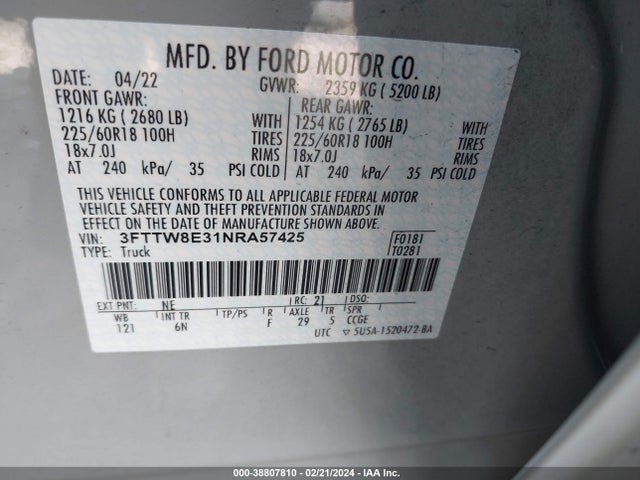 Ford Maverick Lariat 2022 3FTTW8E31NRA57425 Image 9