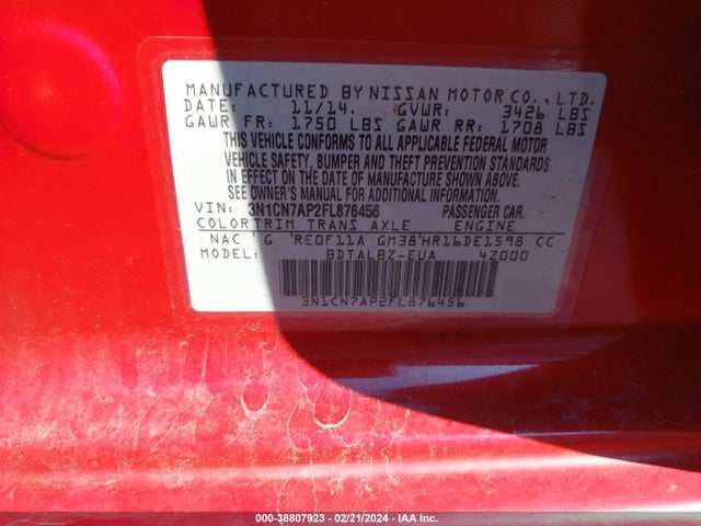 Nissan Versa 1.6 Sv 2015 3N1CN7AP2FL876456 Image 9