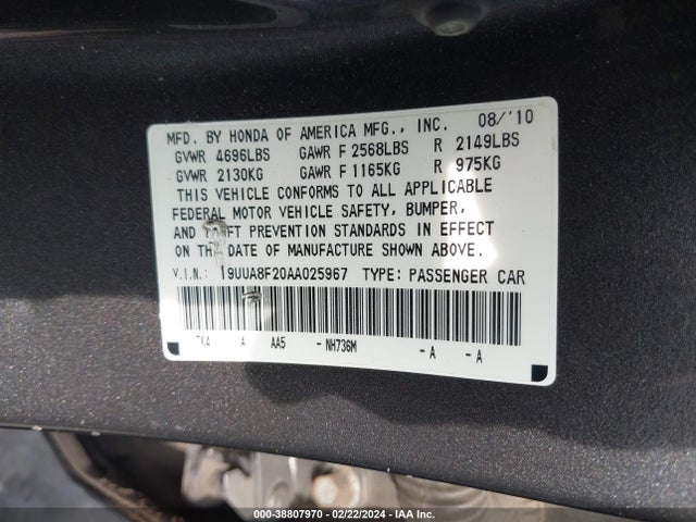 38807970 :رقم المزاد ، 19UUA8F20AA025967 vin ، 2010 Acura Tl 3.5 مزاد بيع