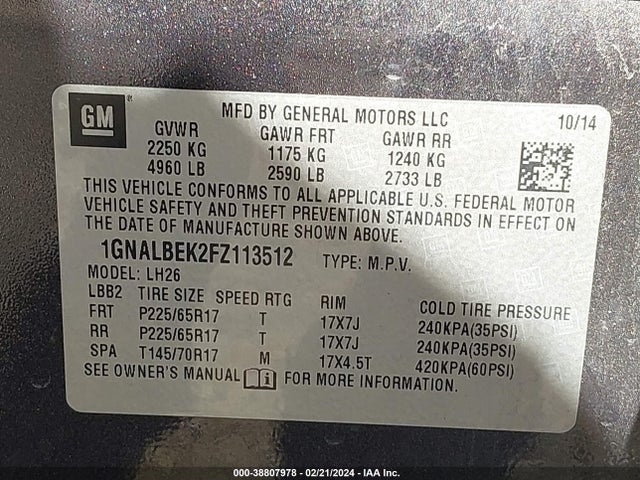 Chevrolet EQUINOX 1LT 2015 1GNALBEK2FZ113512 Image 9