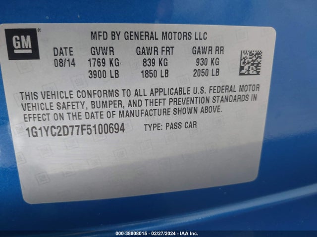 Chevrolet CORVETTE STINGRAY 2015 1G1YC2D77F5100694 Image 9