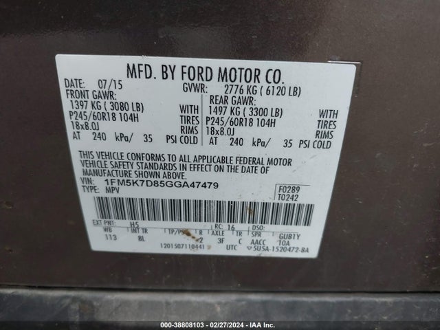 Ford EXPLORER XLT 2016 1FM5K7D85GGA47479 Image 9