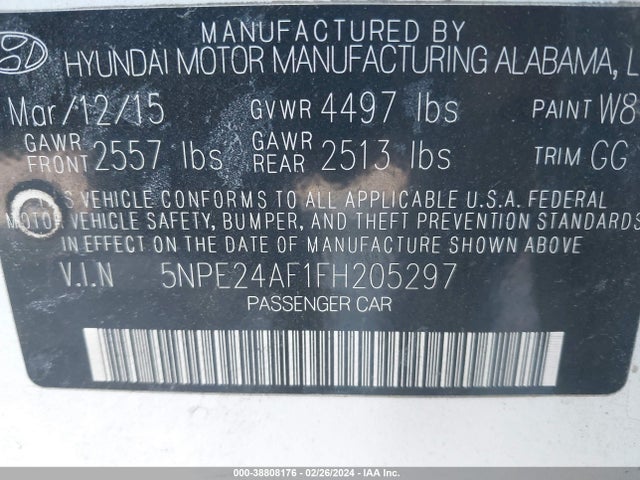 Hyundai SONATA SE 2015 5NPE24AF1FH205297 Image 9