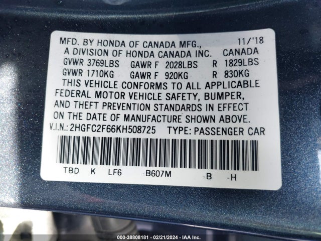 Honda Civic Lx 2019 2HGFC2F66KH508725 Image 9
