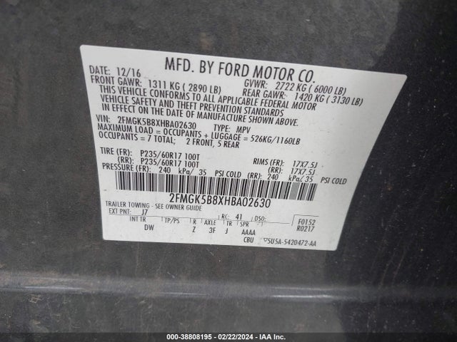 2017 FORD FLEX SE VIN: 2FMGK5B8XHBA02630