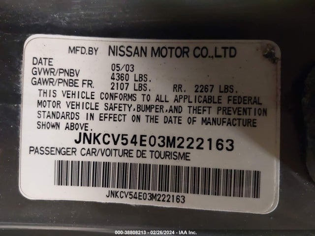 2003 INFINITI G35 LEATHER VIN: JNKCV54E03M222163