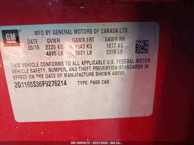 Chevrolet IMPALA 2LZ 2015 2G1165S36F9276214 Image 9