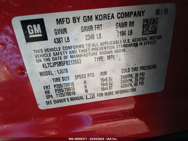 Chevrolet Trax 1ls 2015 KL7CJPSB5FB212663 Image 9