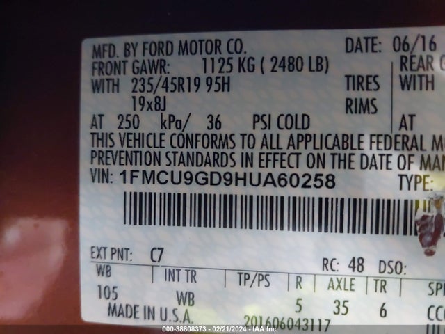 Ford ESCAPE SE 2017 1FMCU9GD9HUA60258 Image 9
