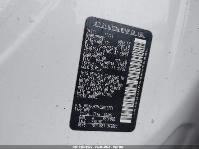 Aukcja sprzedaży 2012 Nissan Quest S, vin: JN8AE2KP4C9035771, numer aukcji: 38808420