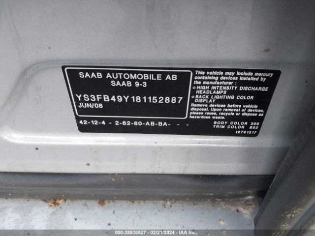 2008 SAAB 9-3 YS3FB49Y181152887 Photo 8
