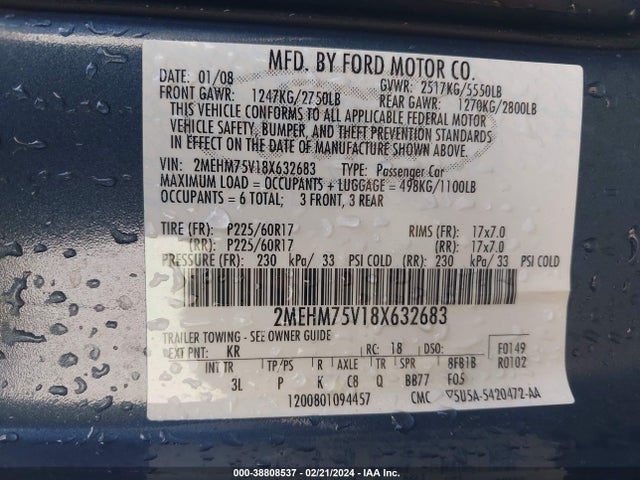 2008 MERCURY GRAND MARQUIS LS VIN: 2MEHM75V18X632683
