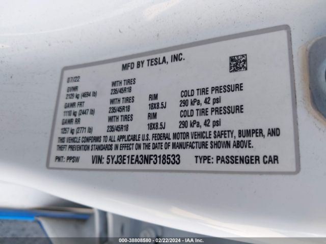 5YJ3E1EA3NF318533 Tesla Model 3 Rear-wheel Drive