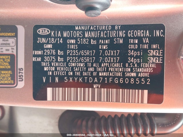 KIA Sorento Lx V6 2015 5XYKTDA71FG608552 Image 9