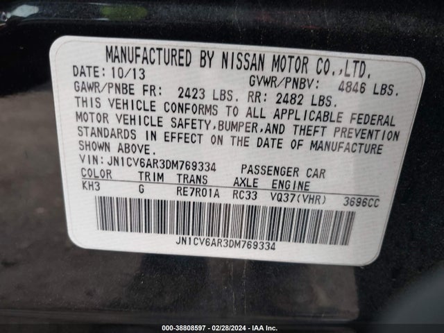 Aukcja sprzedaży 2013 Infiniti G37x, vin: JN1CV6AR3DM769334, numer aukcji: 38808597