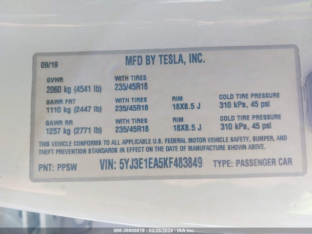 Tesla Model 3 Long Range/mid Range/standard Range/standard Range Plus 2019 5YJ3E1EA5KF483849 Image 9