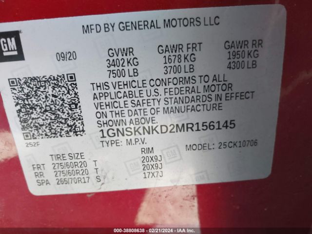 1GNSKNKD2MR156145 Chevrolet Tahoe 4wd Lt