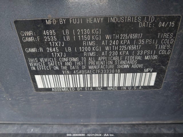 Subaru Outback 2.5i Premium 2015 4S4BSAEC7F3333018 Image 9