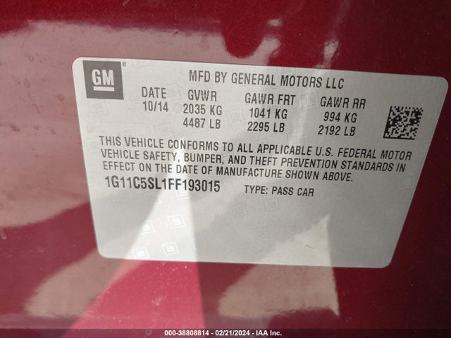 Chevrolet MALIBU 1LT 2015 1G11C5SL1FF193015 Image 9