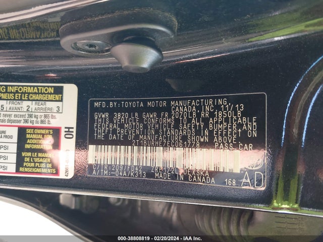 2014 TOYOTA COROLLA S PLUS VIN: 2T1BURHE7EC061778