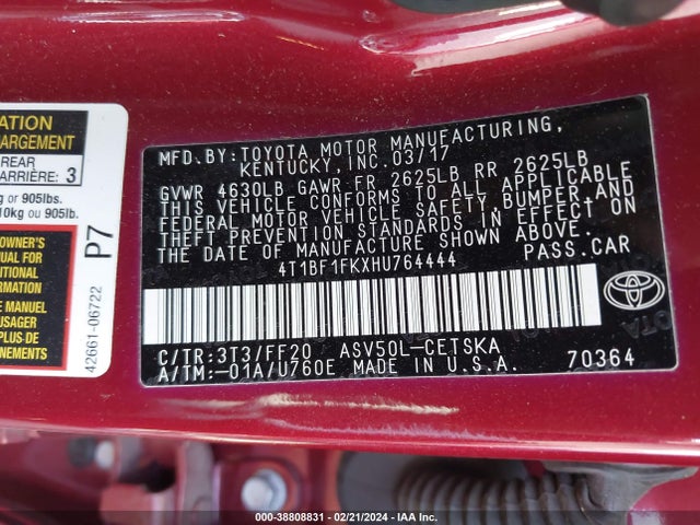 Toyota CAMRY SE 2017 4T1BF1FKXHU764444 Image 9