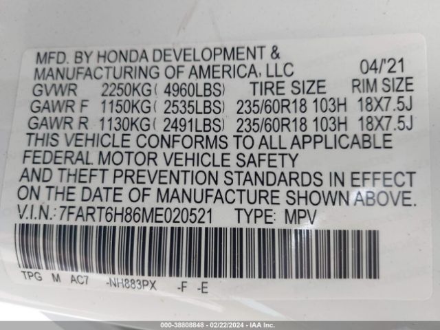 7FART6H86ME020521 Honda Cr-v Hybrid Ex-l