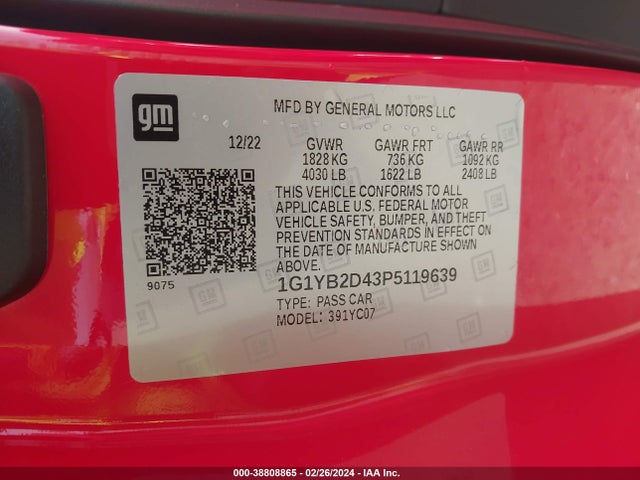 Chevrolet Corvette Stingray Rwd  2lt 2023 1G1YB2D43P5119639 Image 9