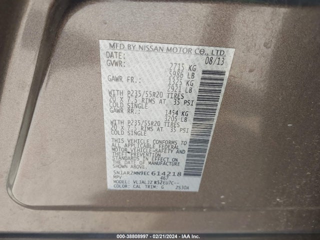 2014 NISSAN PATHFINDER PLATINUM VIN: 5N1AR2MN9EC614218