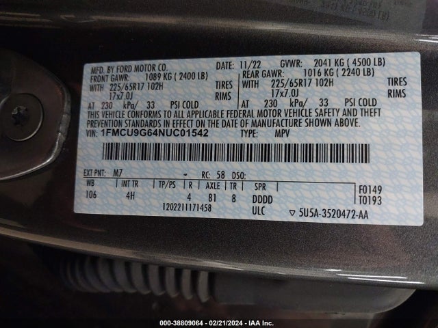 Ford ESCAPE SE 2022 1FMCU9G64NUC01542 Image 9