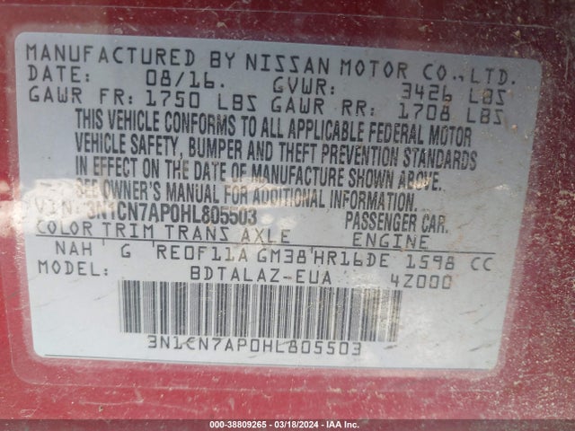 Nissan Versa 1.6 S+ 2017 3N1CN7AP0HL805503 Image 9