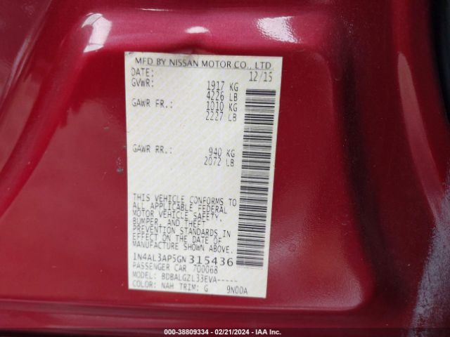 1N4AL3AP5GN315436 Nissan Altima 2.5/2.5 S/2.5 Sl/2.5 Sr/2.5 Sv