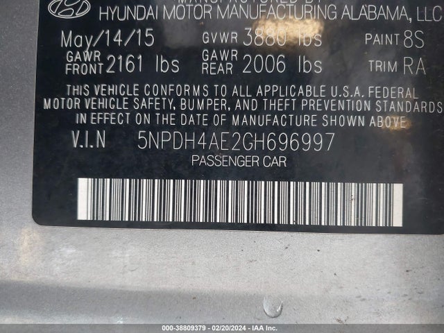 Hyundai ELANTRA SE 2016 5NPDH4AE2GH696997 Image 9