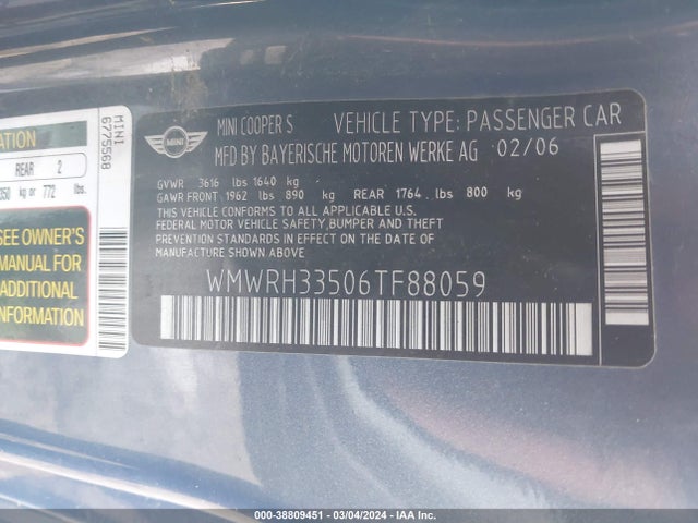 2006 MINI COOPER S WMWRH33506TF88059 Photo 8
