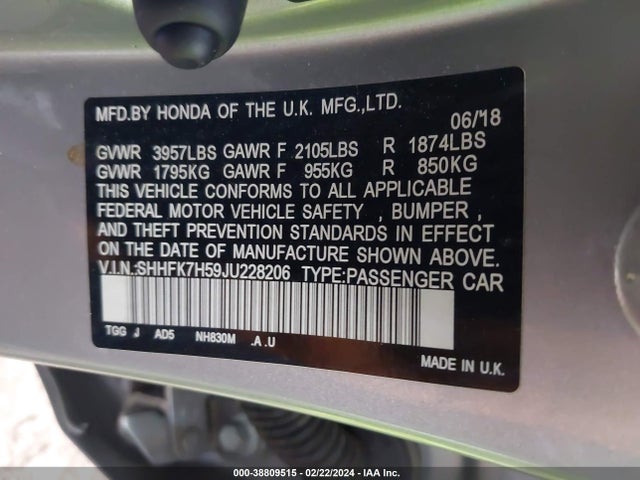 Honda CIVIC EX 2018 SHHFK7H59JU228206 Image 9