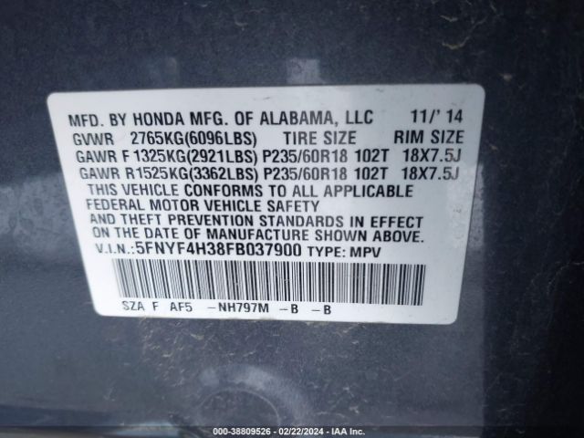 5FNYF4H38FB037900 Honda PILOT SE