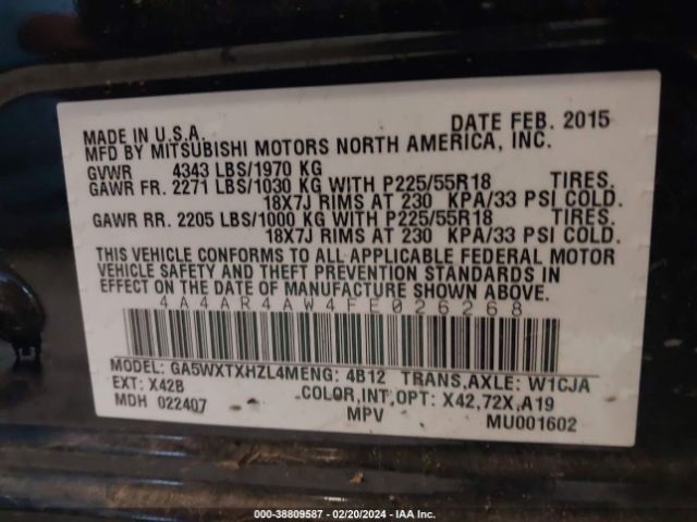 4A4AR4AW4FE026268 Mitsubishi Outlander Sport Gt