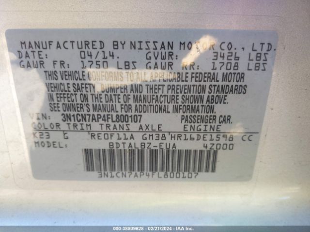 3N1CN7AP4FL800107 Nissan Versa 1.6 Sv