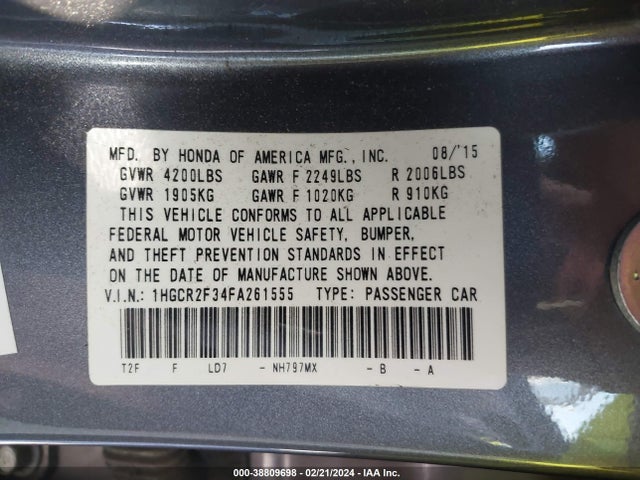 Honda ACCORD LX 2015 1HGCR2F34FA261555 Image 9