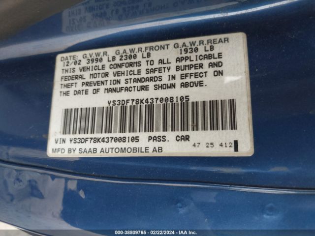 2003 SAAB 9-3 YS3DF78K437008105 Photo 8