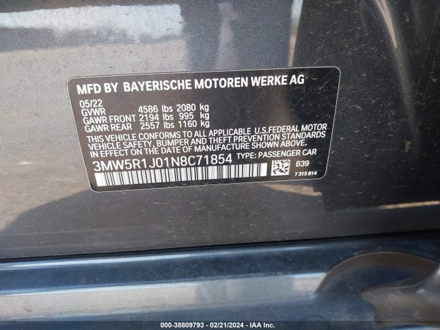 BMW 330I 2022 3MW5R1J01N8C71854 Image 9
