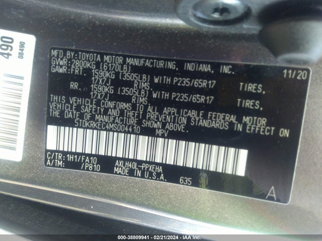 Toyota SIENNA LE 2021 5TDKRKEC4MS004410 Image 9