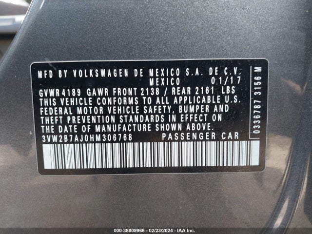 2017 VOLKSWAGEN JETTA 1.4T S VIN: 3VW2B7AJ0HM306768