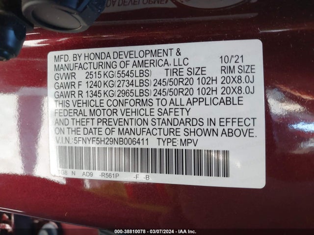 Honda Pilot 2wd Special Edition 2022 5FNYF5H29NB006411 Image 9