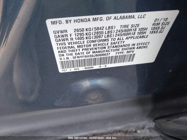 Honda Pilot Ex 2018 5FNYF6H30JB008637 Image 9