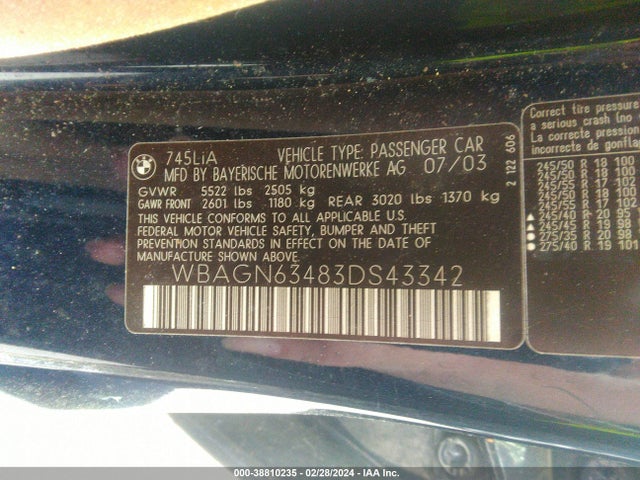 2003 BMW 745LI VIN: WBAGN63483DS43342