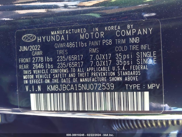 KM8JBCA15NU072539 Hyundai Tucson Hybrid Blue