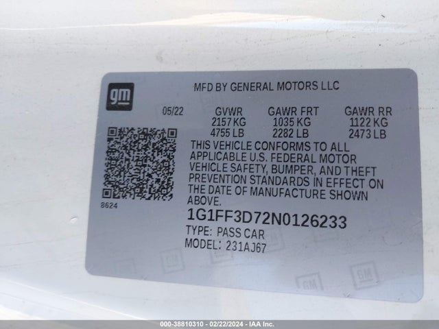 Chevrolet Camaro Rwd  1ss 2022 1G1FF3D72N0126233 Image 9
