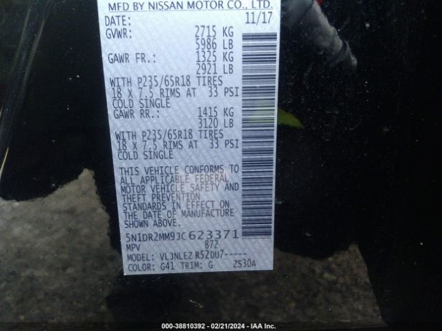 5N1DR2MM9JC623371 Nissan Pathfinder Sv