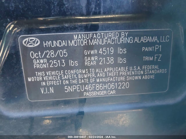 2006 HYUNDAI SONATA GLS V6/LX V6 VIN: 5NPEU46F86H061220
