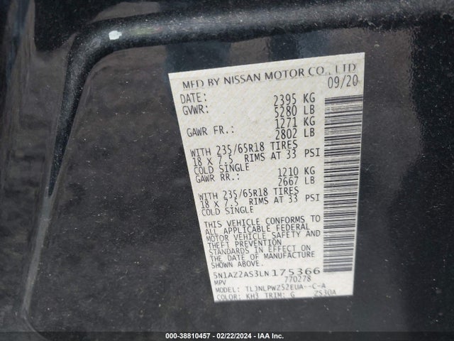 Nissan Murano S Intelligent Awd 2020 5N1AZ2AS3LN175366 Image 9